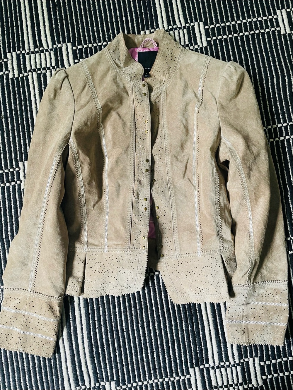 The Limited Beige Suede Jacket with Perforated Detailing